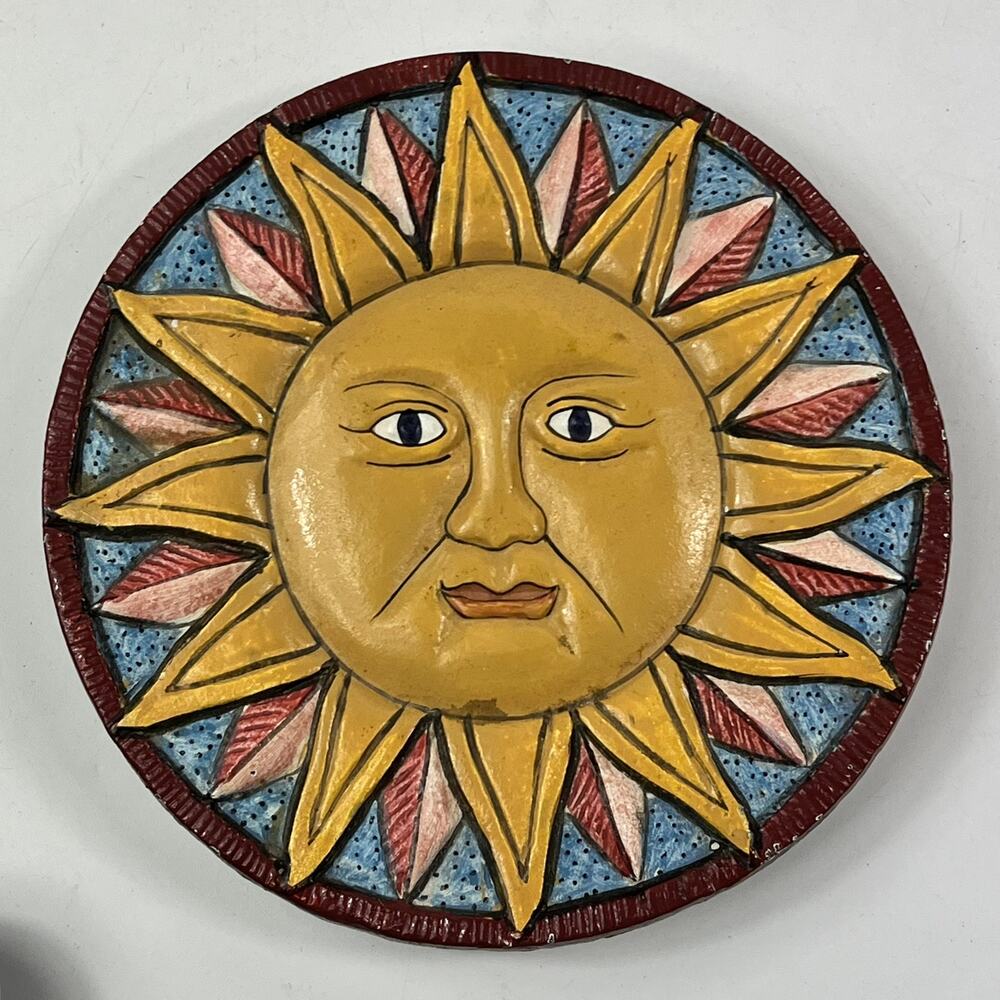 Hand Painted Folk Art Sun Face Trivet Celestial Kitchen Decor Blue Yellow 5.5"